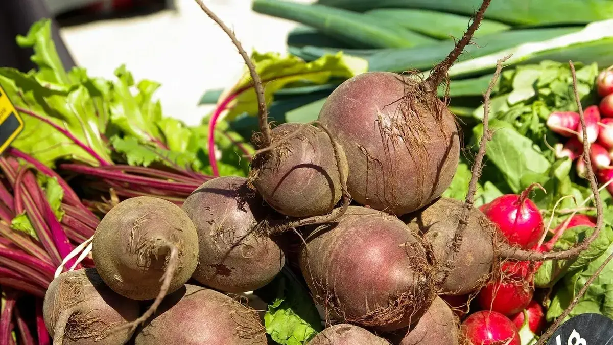 Fresh beetroot roots and a glass of beetroot juice on a table