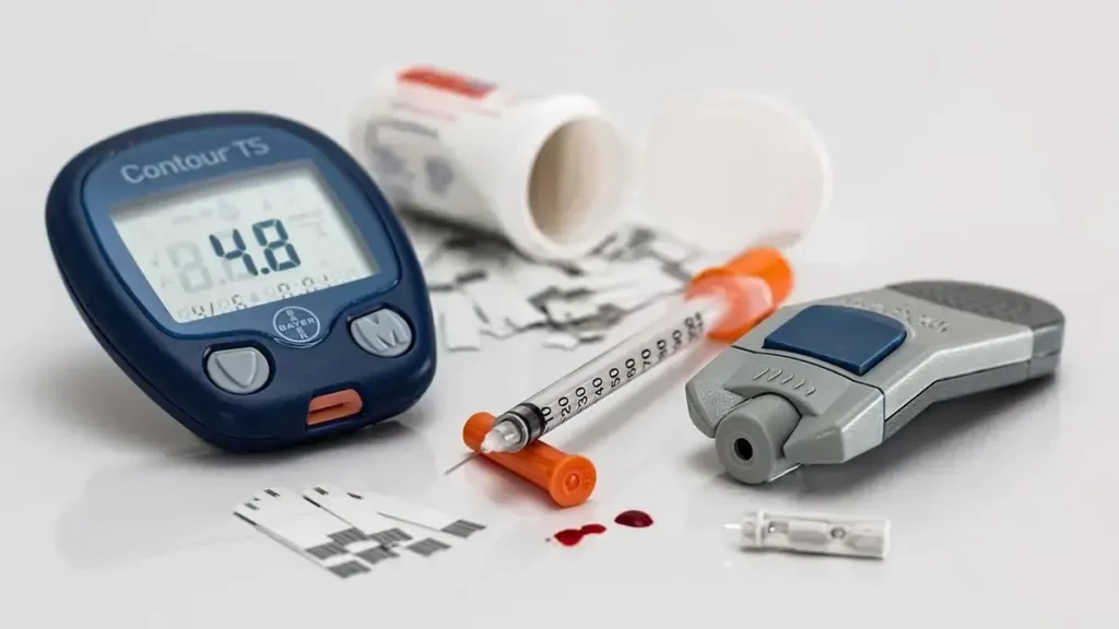 Illustration of an insulin vial and syringe with a question mark overlay, hinting debate over insulin use in older adults