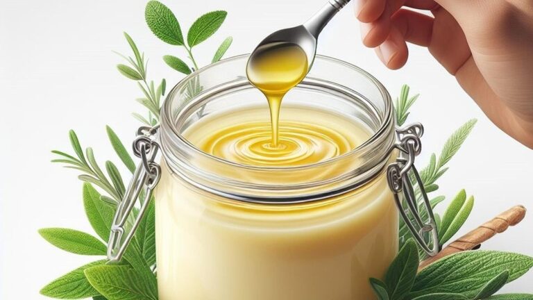 A spoonful of desi ghee in a small bowl golden clarified butter.