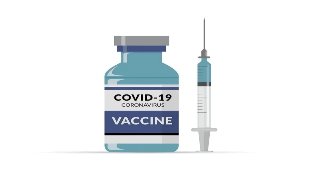Virus symbol and vaccine syringe with a heart icon comparing COVID‑19 infection and vaccination risk to heart.