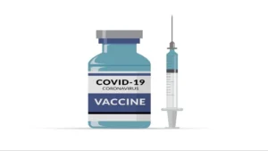 Virus symbol and vaccine syringe with a heart icon comparing COVID‑19 infection and vaccination risk to heart.