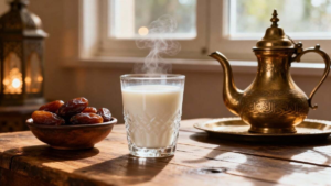Bowl of dry dates soaked or cooked in milk.