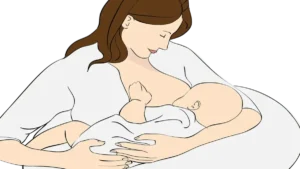 Mother breastfeeding newborn compared with infant formula feeding bottles