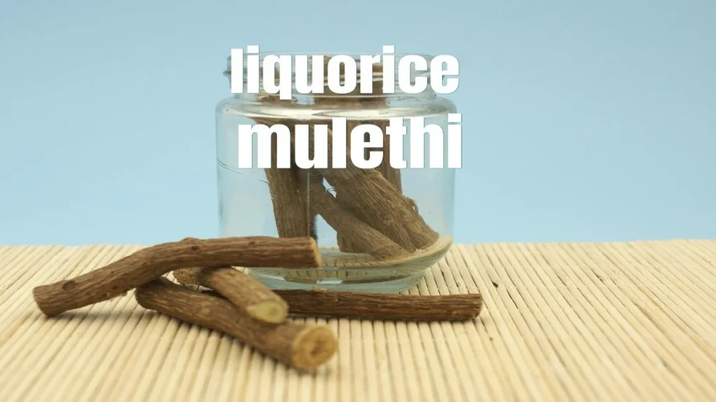 Licorice root (mulethi) and a cup of herbal tea for respiratory health