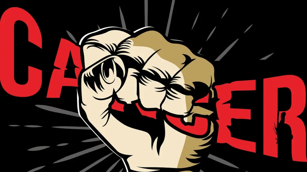 Close‑up of sugary foods and a red cancer awareness ribbon on pastel background