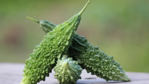 Fresh bitter gourd (bitter melon) on a cutting board, used for natural blood sugar management and diabetes support.
