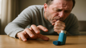 Hand holding a modern inhaler device.