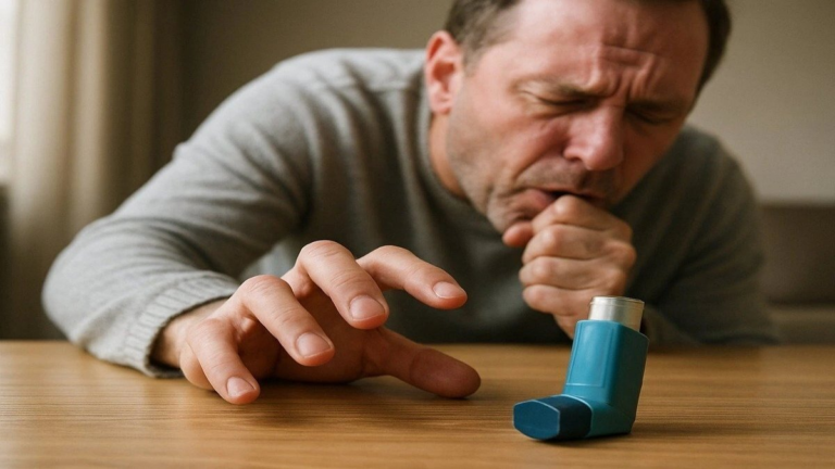 Hand holding a modern inhaler device.
