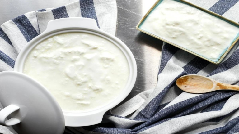 Bowl of plain yogurt next to a glass of milk.
