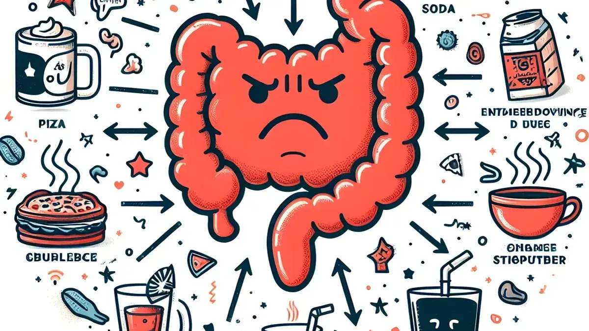 Illustration of gut bacteria and chemical compounds showing harmful effects of everyday industrial chemicals on the human microbiome.