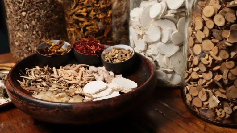 Dried He Shou Wu (Polygonum multiflorum) root slices used in traditional Chinese medicine for hair health