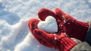 Red heart placed on snow representing cold weather and heart health risks.