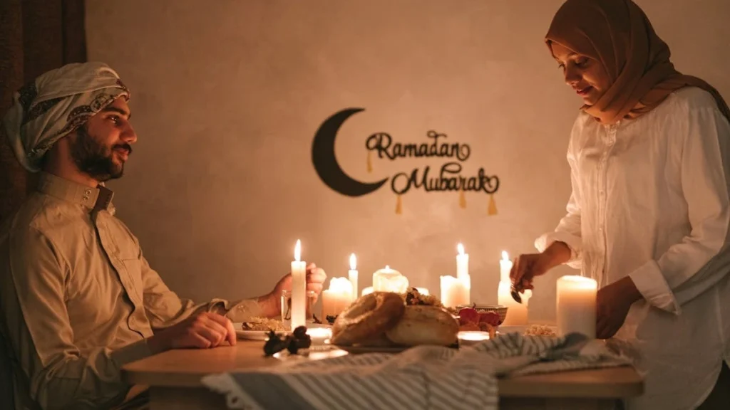 Vitamins and water on an Iftar table during Ramadan highlighting hydration and kidney stone risk