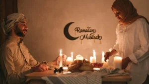 Vitamins and water on an Iftar table during Ramadan highlighting hydration and kidney stone risk