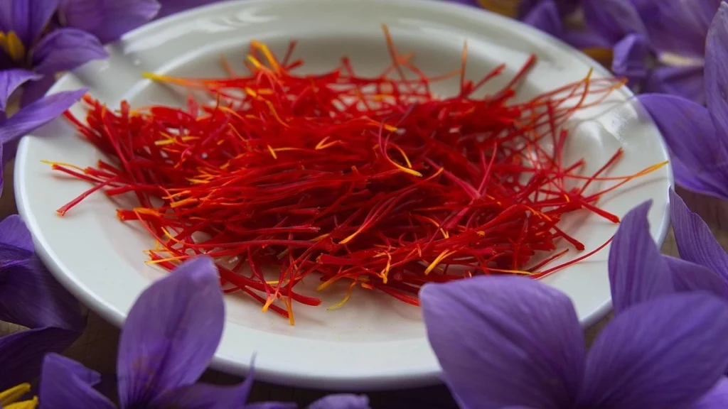 Close-up of saffron threads showing antioxidant-rich strands that may support eye focus and retinal health.