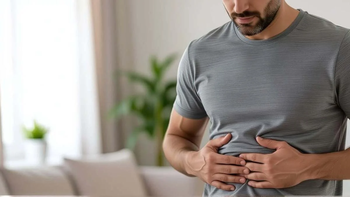 Person experiencing acid reflux or heartburn discomfort in chest