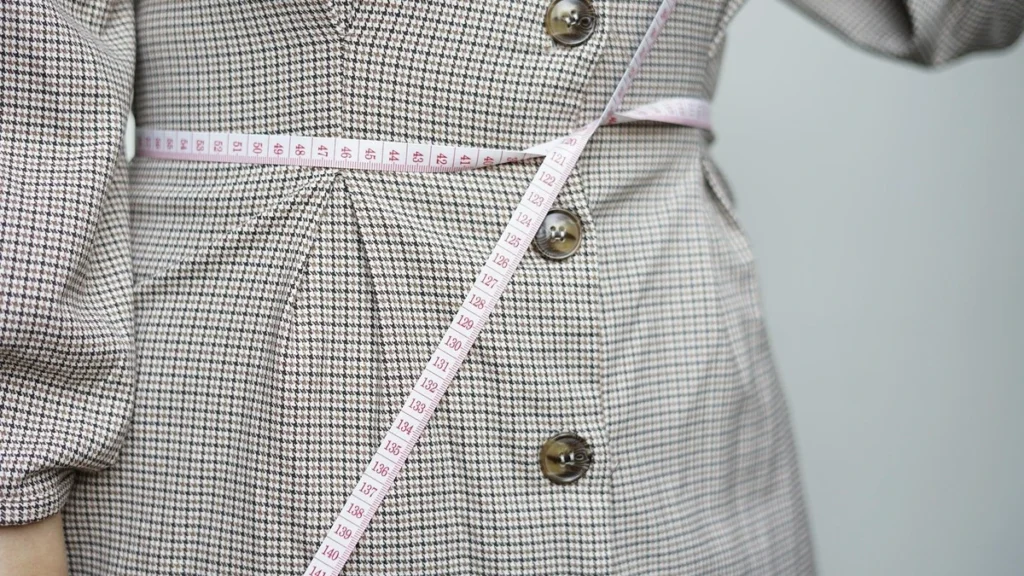 Weight loss supplements concept with measuring tape, healthy food and fitness background