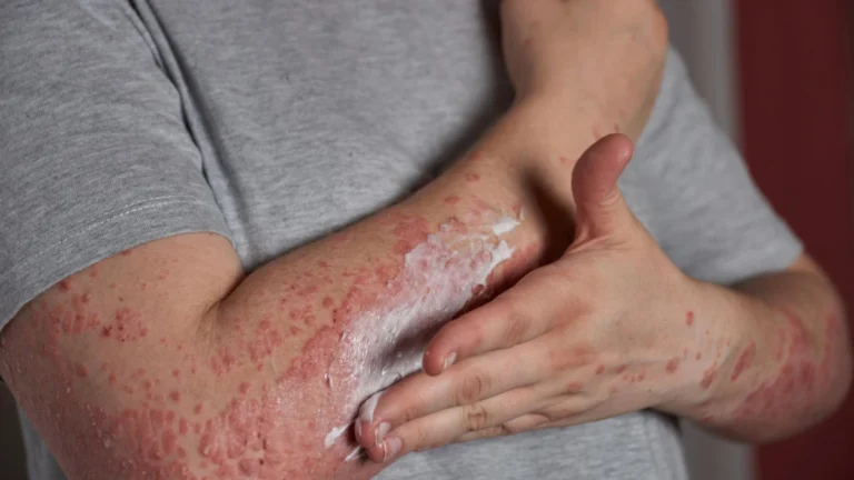 Illustration showing immune pathways involved in psoriasis and eczema, highlighting biologic therapies targeting IL-17, IL-23, IL-4, and IL-13 cytokines to reduce skin inflammation.