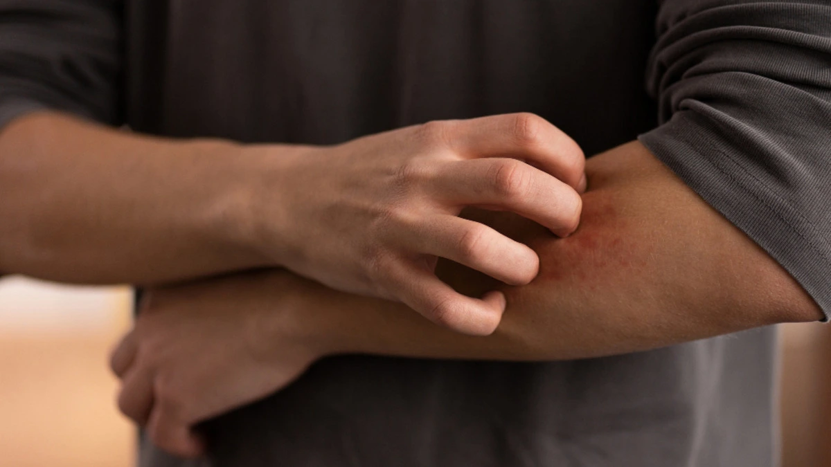 Pharmacist explaining the causes, diagnosis, and treatment options for chronic itchy skin.