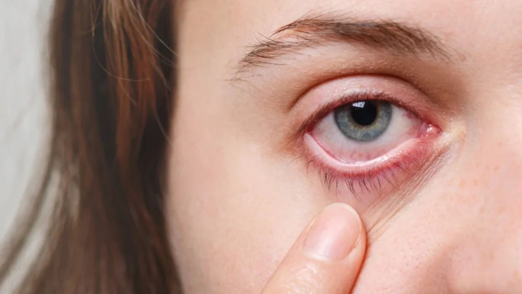 Close-up of a person with dry, irritated eyes showing symptoms of dry eye disease.
