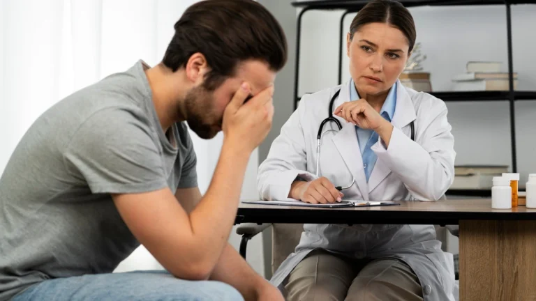 Person discussing antidepressants and therapy options with a mental health professional during a depression treatment consultation.