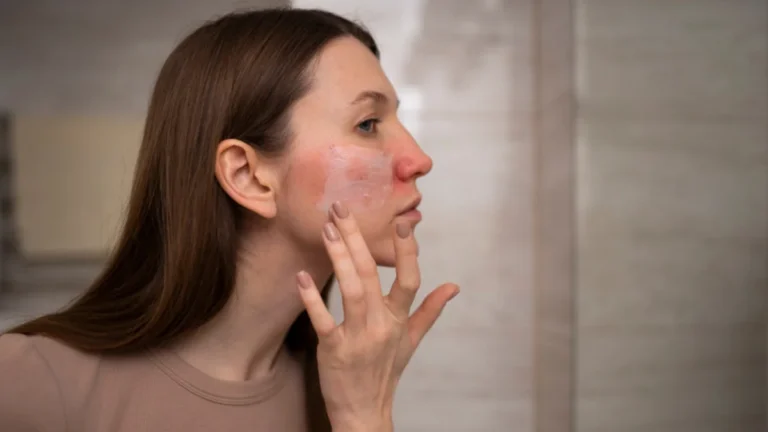 Eczema on face vs body showing facial redness compared with dry, lichenified eczema on the inner elbow