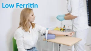 Low ferritin symptoms in women including fatigue, hair loss, and brain fog illustration