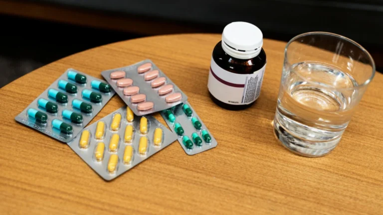 Magnesium supplement capsules next to prescription medication tablets representing drug and supplement interactions and timing safety.