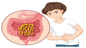 Gut microbiome illustration showing resistant starch fermentation into butyrate in the colon